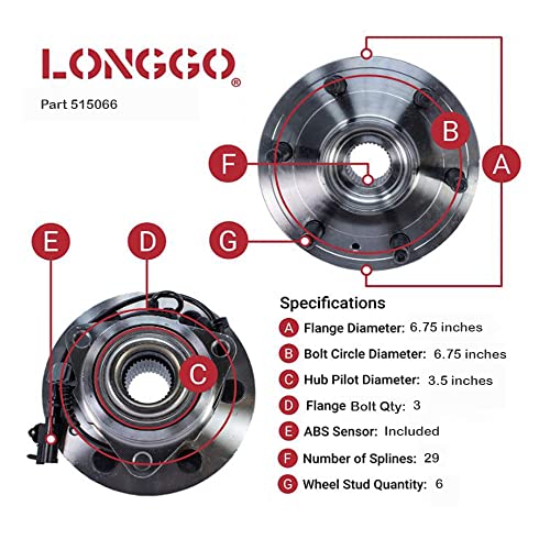 [Set Of 2] Longgo 515066 Premium Front Wheel Hub Bearing Assembly Compatible With 2004-2007 Qx56 | 2005-2007 Armada | 2004 Pathfinder | 2004-2007 Titan | 6 Lugs W/Abs | 29 Spline #TOP4