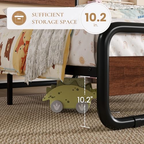 Image of SHA CERLIN Twin Size Metal Bed Frame with Wooden Headboard, Walnut