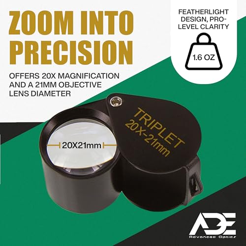 Ade Advanced Optics 2021TB 20x 21mm Triplet Professional Jewelers Loupe Magnifier – Folding Hand Lens for Jewelry, Gemstone, and Detail Inspection – Black Triplet Glass with Leather Case - Thumbnail 7