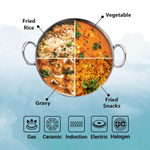 Image of Kuber Industries Stainless Steel Kadhai with lid & Casserole I Tri-ply Kadai Induction Base I Kadai 2.2 litres & Casserole 2 litre Capacity I Extra Deep I Riveted Handles