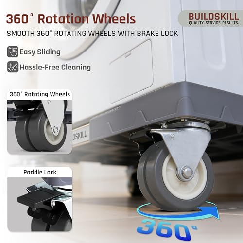 Image of BUILDSKILL 200Kg Washing Machine Stand Adjustable | SS Tubes | 360 Rotating Double Wheels with Lock | Absorbs Vibration | Anti-Skid Top & Front Load Washing Machine Trolley (Grey)