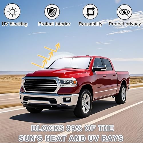 Image of PIMCAR Windshield Sun Shade for Dodge Ram 1500 2009-2018 | Premium 310T Reflective Polyester UV /Heat Shield | Custom Fit Sunshade to Block Rays & Cool Interior