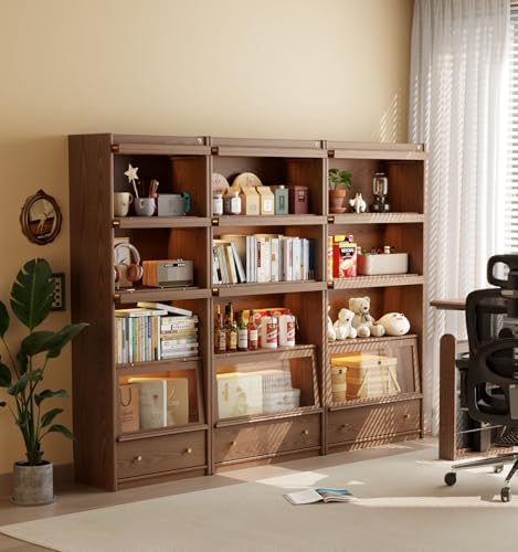 Image of Solid Wood Bookcase With Flip-Up Tempered Glass Doors And 3 Color Led Lights,4 -Tier Wooden Bookshelf And 1 Drawer,Tall Bookshelves Modern Storage Cabinet Kitchen Pantry For Living Room,Office