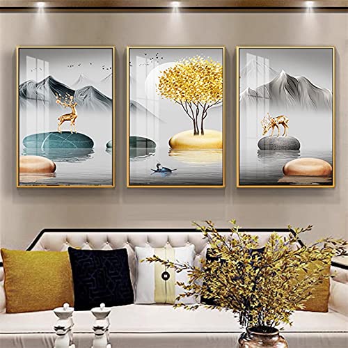 Peinture sur toile paysage abstrait moderne arbre doré cerf 40x60cm pour salon