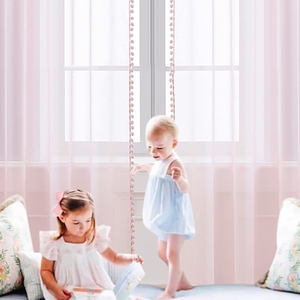 MIULEE Cortinas con Pompones-Transparente Cortinas Salon Rosa Bebé con Detalle 2 Piezas (2X140 x 260cm), Cortinas Dormitorio para Juvenil Niñas Habitacion, Visillos Translucidas Salon con Ollaos