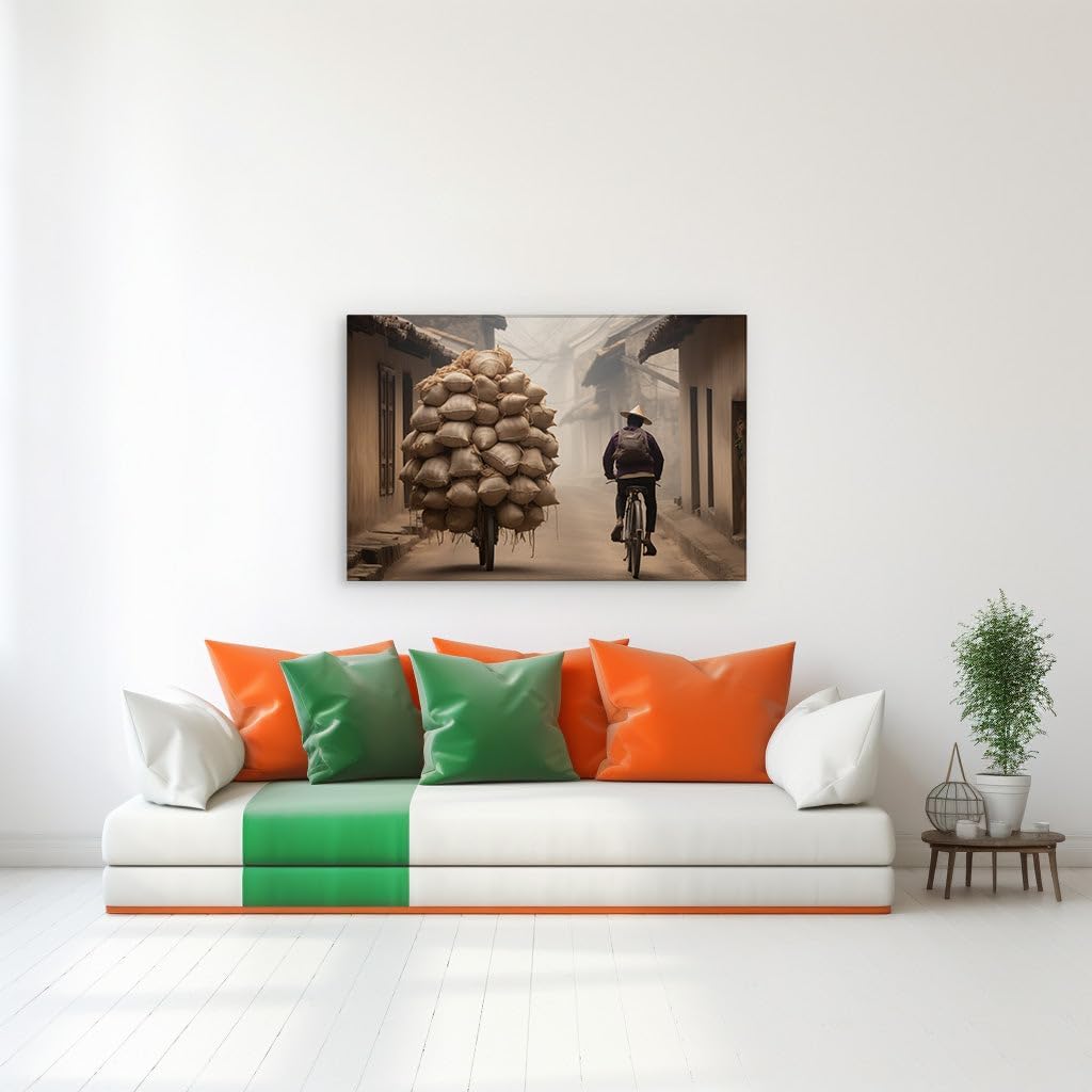 Canvas for Living room. Pedaling Through Time: A Rustic Town's Daily Journey Unveiled, 27 x 18 inch Canvas Wall Art - Ready to Hang
