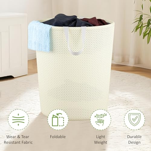 Image of Kuber Industries Pack of 5 Polyester Mesh Foldable Laundry Bag for Clothes with Handle | Dirty Dress Basket for Cloth Storage | Waste /Used Clothes Bin for Iron | Kids Toys Hamper | YZ-5-3 | Beige