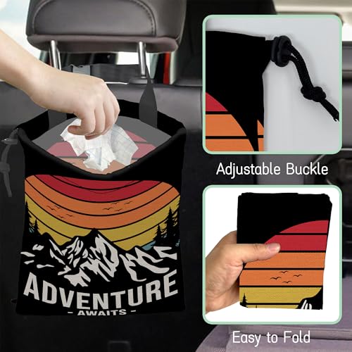Image of Adventure Mountain Car Trash Bag,Hanging Drawstring Car Garbage Bag,Waterproof Canvas Car Back Seat Organizer with Adjustable Buckle,for Vehicles,SUVs,Camping,Road Trips