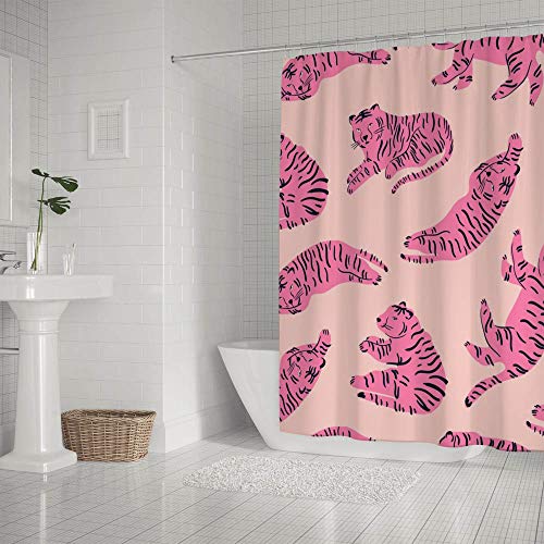 Rideau de douche lavable en machine polyester imperméable tigre rose 12 crochets