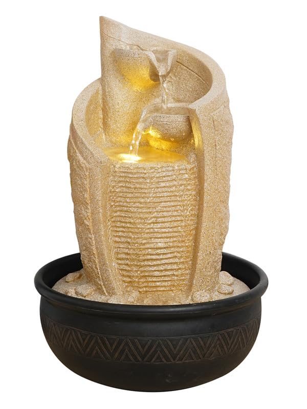 Image of Polyresin Stylish Table Top Indoor 3 Steps Waterfall Fountain for Living Room Home Decor with Yellow LED & Speed Controller Pump (Size: 40 x 25 x 25 CM | Weight: 2175 gram | Color: Cream)