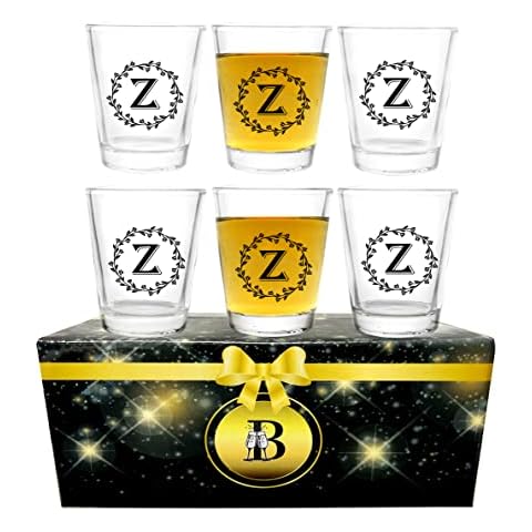 Monogram Shot Glasses - 2 Oz - Set of 6 - Gift for Wedding, Men, Woman, Mom, Dad, Christmas, New Years, Holidays, Parties, Events, - With Gift Box - By Bisyata… ("Z" Monogram) Cover