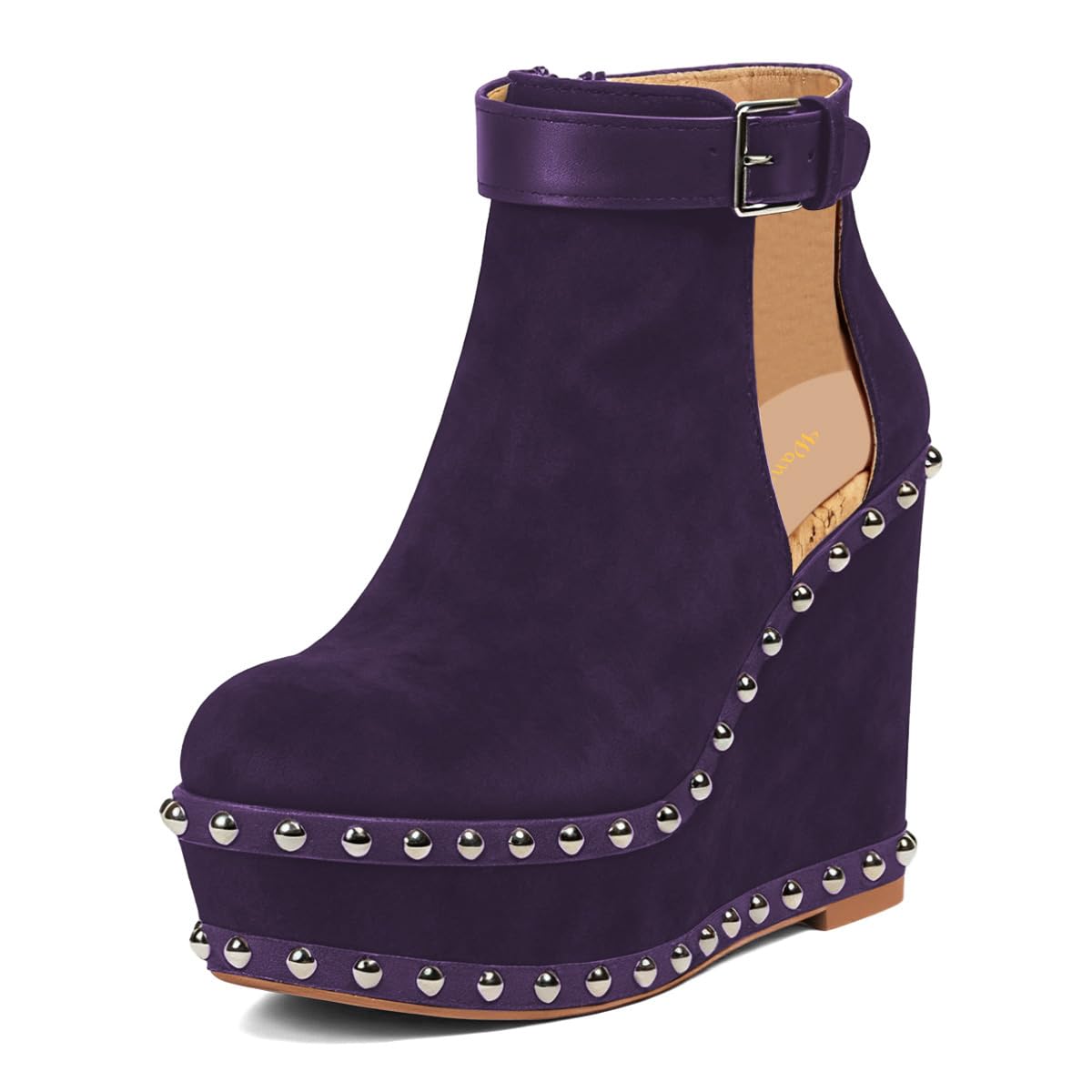 Women Closed Round Toe Studded Cutout Ankle Boots Buckled Side Zipper Booties Platform Wedge High Heel Party Casual