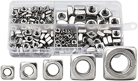 185Pcs Square Nuts Assortment Kit Stainless Steel M3 M4 M5 M6 M8 Metric Square Nuts Set Four-Sided Nuts DKEKE