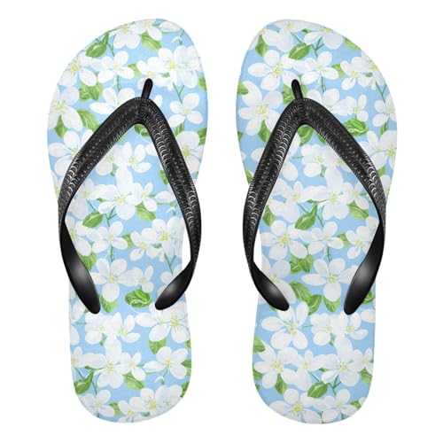 White Flower Green Leaves Flip Flops for Beach Thong Sandals Anti-slip Lightweight Beach Shoes for Indoor Outdoor House