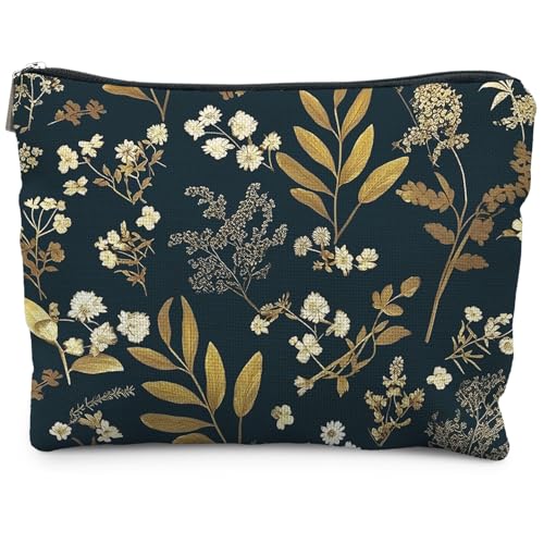 RYYCDOI Vintage Boho Floral Makeup Bag, Dark Moody Wildflowers Floral Cosmetic Bags for Women, Dark Cottagecore Botanical Plant Zipper Makeup Pouch