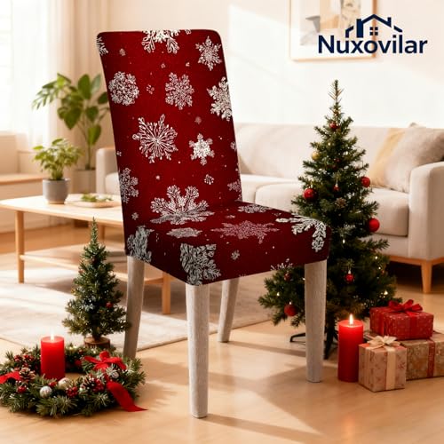 Image of Nuxovilar 4PCS Red Snowflake Stretch Chair Covers 23.6x70in | Holiday Slipcover Festive Protector Snowflake Wrap Seat Guard Dining Room Family Kitchen Party (Red Snowflake)