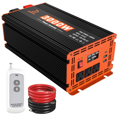 3000W Power Inverter 12V DC to 110V/120V AC Converter for RV/Truck/Boat/Camping/Off-Grid Solar Car Power Inverter Peak Power 6000W with 3 AC Outlets,USB & Type-C Port, Remote Controller & LCD Screen