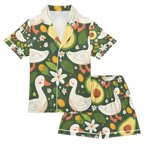senya Daisy and Avocado Duck Satin Summer Pajama Sets Silk Short Sleeve Button Down Sleepwear