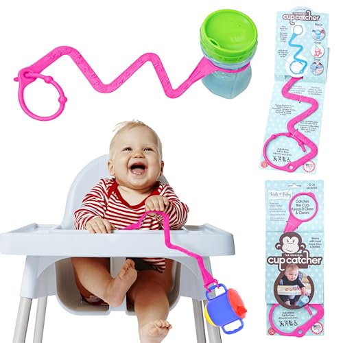 Image of Brilli Baby Cup Catcher Patented Safety Tether Strap, Attach Sippy Cups, Bottles, Pacifiers & More to Stroller, High Chair, Car Seat, Made in USA, Food Grade, Dishwasher Safe, Pink