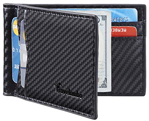 Travelambo Vegan Leather RFID Blocking Slim Minimalist Front Pocket Wallet Money Clip (Carbon Fiber Black)