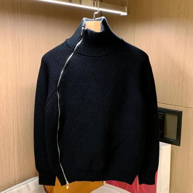Solid Color Half High Neck Sweater for Men Side Zipper Sweater Warm Top2