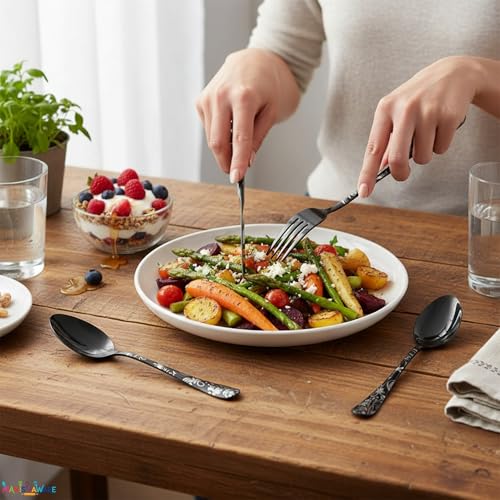 Image of Floral Black 20 Pcs Stainless Steel Cutlery Set for Dining Table, Dishwasher Safe Glossy Flatware (4 Spoon Set+4 Forks Set+4 Butter Knife+4 Dessert Spoon+ 4 FruitFork)