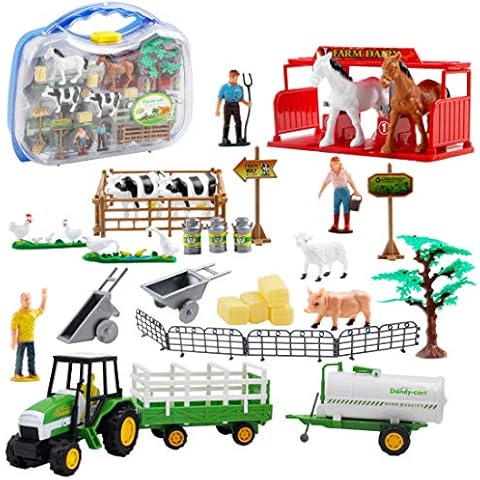 deAO 31 Piece Portable Farmyard Play Set with Farm Tractor Trailer Trucks, Variety of Animal Figures, Farmer and Accessories - Gift Pack for Children Cover