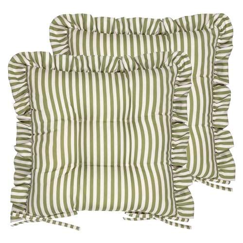 Wylder Millie Ruffle Seat Pads – Pack of 2 – Heritage Stripe Indoor Outdoor Dining & Patio Chair Cushions with Ties (Green - 40x40cm)