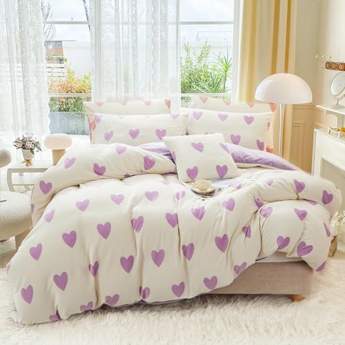 Covebett Winter Bettwäsche 135x200 Flanell Herzen Lila Weiß Warme Biber...