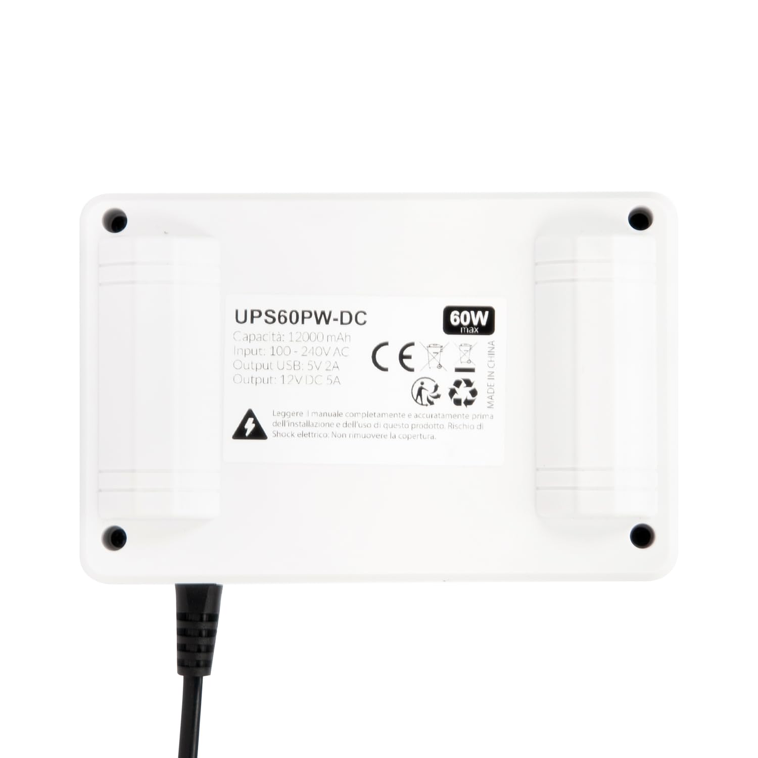 VulTech UPS60PW-DC Bianco Mini UPS 12000mAh 60Watt Gruppo di Continuità per Router, Modem, Access Point, Telecamera, Smartphone - Input 100-240 VAC, USB 5V DC 12V