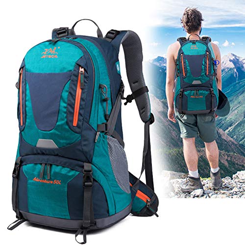 FLKENNEL Bergsteigen-Rucksack, 50L Camping Wandern Wasserdicht Rucksack mit Regen-Abdeckung, Leichtes Trekking Outdoor-Sport-Rucksack für Männer Frauen,Grün Cover