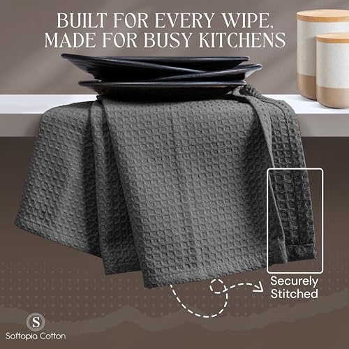 Image of Gray Kitchen Towels - Waffle Weave, 100% Cotton, Soft & Absorbent, Fast Dry, Durable, 16x26 Inches, Perfect for Dish Drying, Bar, Cleaning, and Everyday Use, Set of 12, Grey