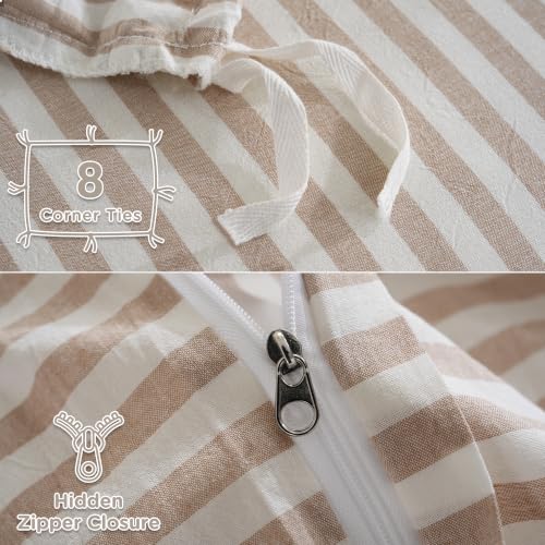 Image of TOCOMOA Brown Striped Duvet Cover Set 100% Washed Cotton Like Linen, King | Linen-Like Feel Soft, Breathable & Comfy for All Season. Lightweight Bedding Set with Zipper & 8 Ties. 3 Pcs, No Insert