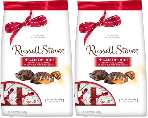 Russell Stover Pecan Delight Gusset Bag 16.10 Ounce Russel Stover Milk Chocolate Covered Candy Pack, Crunchy Pecans-Buttery Caramel Covered Sweet Milk Chocolate Candy, Individually Wrapped (Pack of 2)