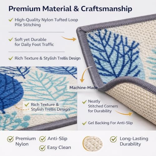 Image of Matz&More Nylon Tufted Gel Baking Anti-Slip Floor Mat | 40 x 60 cm | Blue & White Floral Design | Doormat for Home Entrance, Kitchen & Bedroom