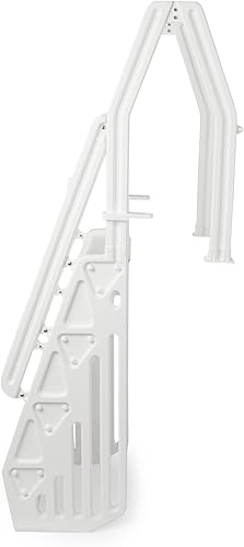 Miniatura 5 de Vinyl Works Sistema de entrada de escalera ajustable de lujo de 24 pulgadas para piscinas sobre el suelo con 2 rieles y superficie antideslizante,