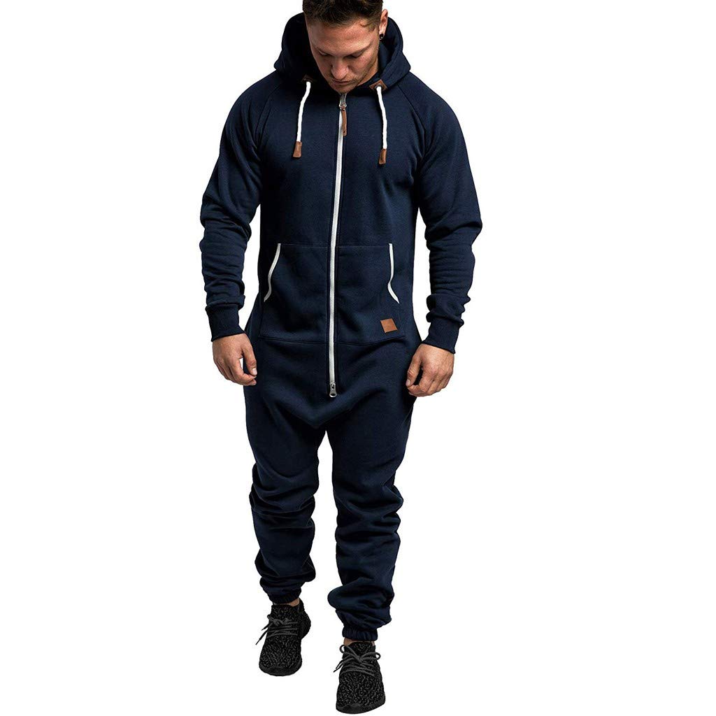 WUAI Onesie Men's Hooded Jumpsuit Zip Up One Piece Pajamas Playsuit Jogger Sweatsuit Overall Romper