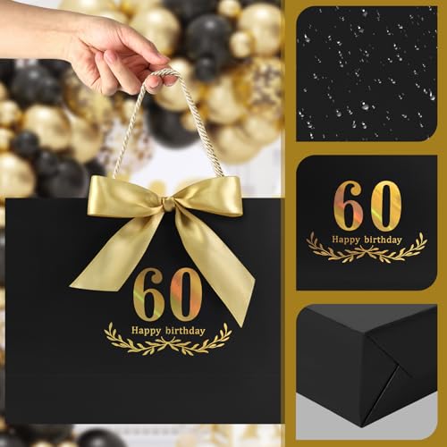 Image of JMANNI Black Gold 60th Birthday Gift Bag with Card and Tissue Paper, 14.2 inchx9.84 inchx4.3 inch Large Present Bag for Men Women, 60 Year Old Birthday Keepsake Party Supplies