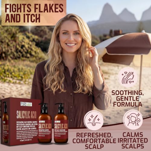 Image of Salicylic Acid Shampoo and Conditioner Set - Sulfate Free, Exfoliating Blend for Scalp - Professional Anti Itch, Deep Cleansing Formula - Build Up Removal for Women and Men - 16 Fl Oz (Set of 2)