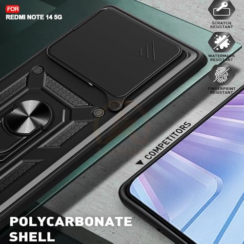 Image of Armor Bumper Back Cover Case for REDMI Note 14 5G Rotating Camera Cover, Ring Holder & Kickstand | Heavy Duty & 360 Degree Protection REDMI Note 14 5G Back Cover (Black)