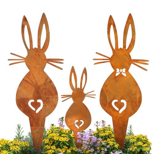 YIMOJOY 3er Hase Gartenstecker Ostern Set,25/15cm Große Osterhasen Gartenstecker Rost,Metall Osterstecker Frühling Hase Rost Wetterfest Roststecker Hasen für Blumentopf Frühling Gartendeko