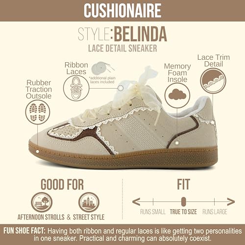 Image of CUSHIONAIRE Belinda Women's Lace Detail Casual Sneakers - Elegant Ribbon Lace-Up Shoes with Memory Foam