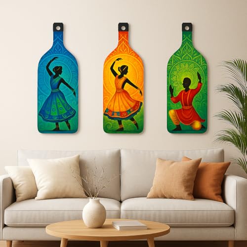 Image of GENXTRA Rhythm in Colors - Kathak Dance Wall Art Set Bottle Shape Wooden Wall Hanging for Home Decor | Decoration Items for Home | Art Item for Office | Decorative Mdf Wall Hanging (BH3-03)