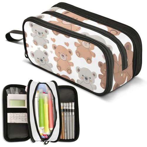 Image of ALAZA Cute Teddy Bears Pencil Case for Boys Girls Kids Pencil Pouch 3 Compartment Pen Bag Large Capacity Storage Pencil Holder School Students with Zipper