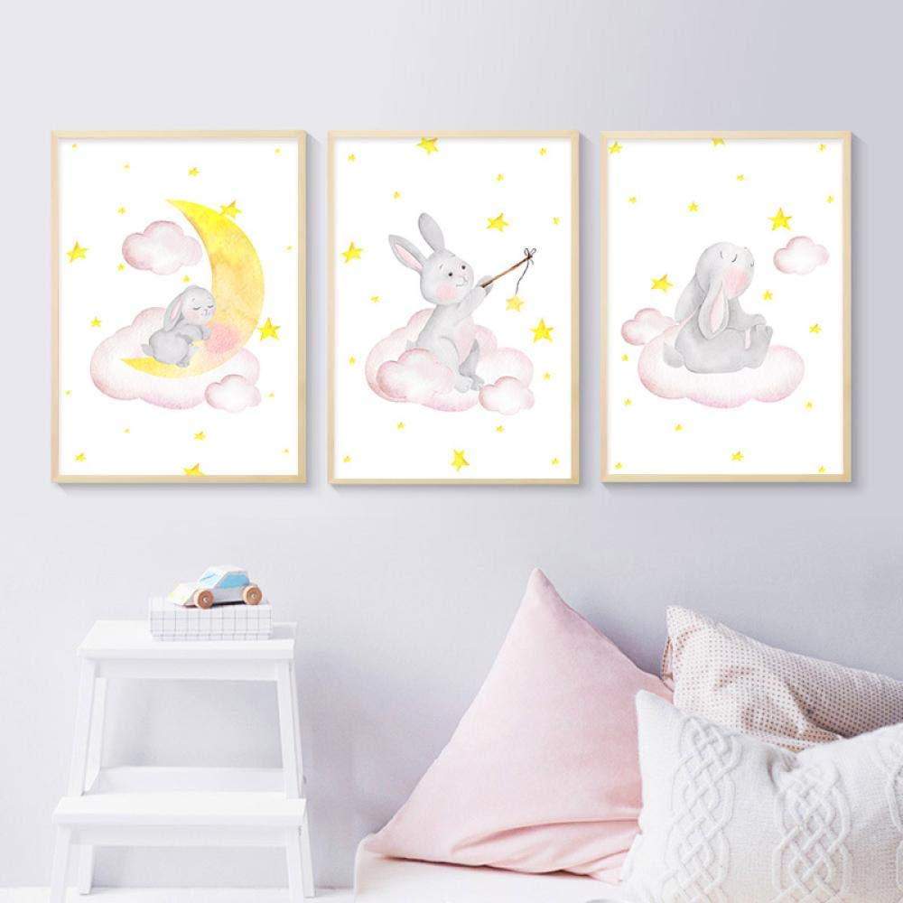 Enfants Affiche Animal Lapin Lune pépinière Mur Art Toile Impression Peinture Photo Nordique Enfant bébé Chambre décoration 20x30 cm (8x12in) x3 Cadre