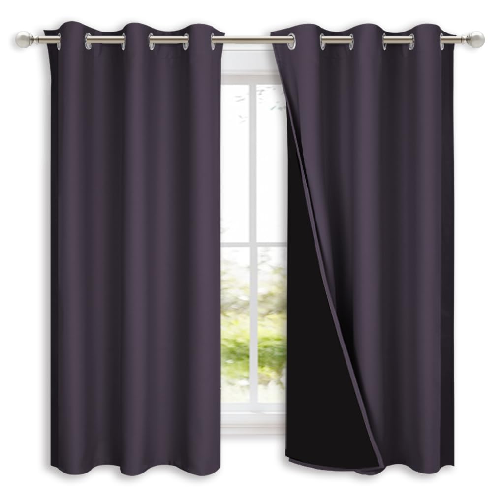 NICETOWN 100% Blackout Short Curtains with Black Liners, 2 Panels, 37" W by 63" L, Greyish Purple, Thermal Insulated Full Blackout 2-Layer Lined Drapes, Energy Efficiency Window Drapes for Bedroom