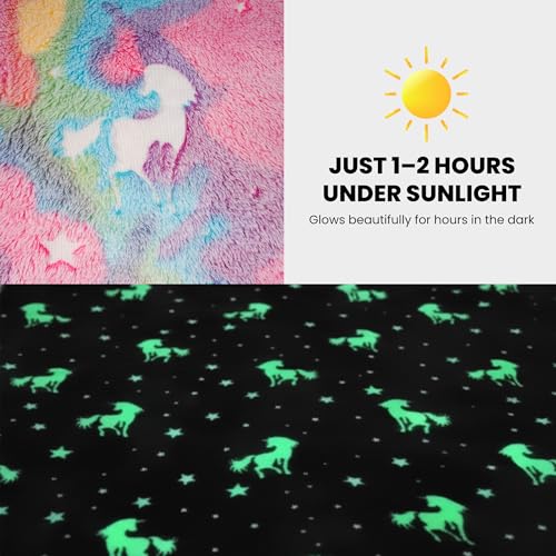 Image of Glow-in-the-Dark Enchanted Rainbow Unicorn Blanket for Kids-Super Soft Rainbow Pink Fleece Throw, 150x200 cm Unisex Glow Blanket,Magical Winter Bedtime Gift that Glows Beautifully At Night | Super Soft Rainbow Pink Fleece Throw, 150x200 cm, Unisex, Magical Winter Bedtime Gift, Glows Beautifully At Night
