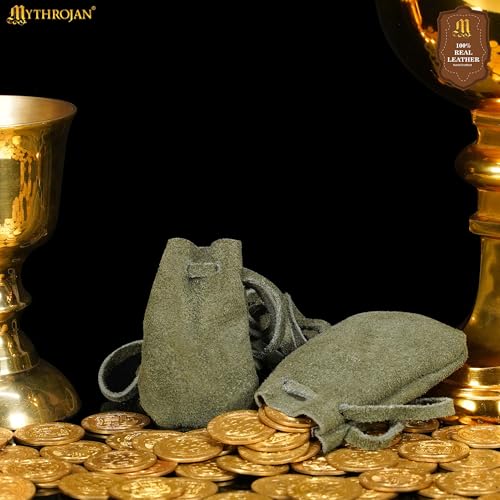 Image of Mythrojan Pack of 4 Small Trinket Pouches Suede Leather Drawstring Coin & Dice Bags for LARP, SCA, Viking & Medieval Events, Color : Dark Green