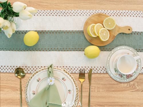 Image of FEXIA Sage Green Table Runner 72 Inches Long with Tassels Boho for Summer Home Decor Rustic Macrame Farmhouse Table Cover for Wedding Party Bohemian Bridal Shower Dining Decorations(12x72 Inches)