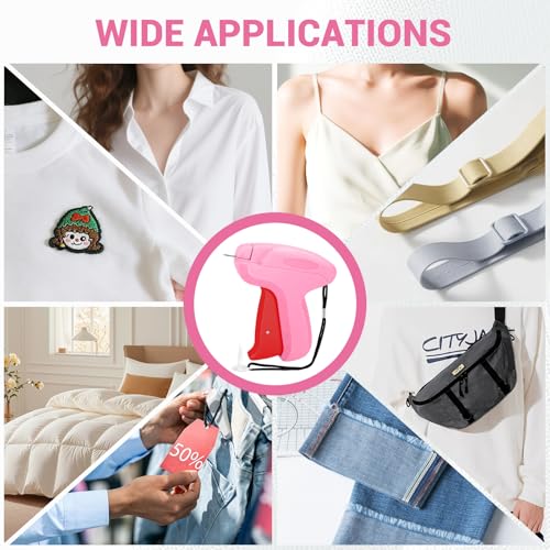 Image of Stitch Gun for Clothes - Handheld Quick Clothing Fixer - Tagging Gun for Clothing, Sewing Kit - Includes 6 Fine Needles, 1000 White & 1000 Black Fasteners (Pink Red)